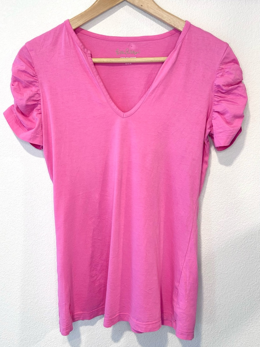 Lilly Pulitzer Pink Ruched Puff Sleeve Tee Summer Vacation Resortwear Size S